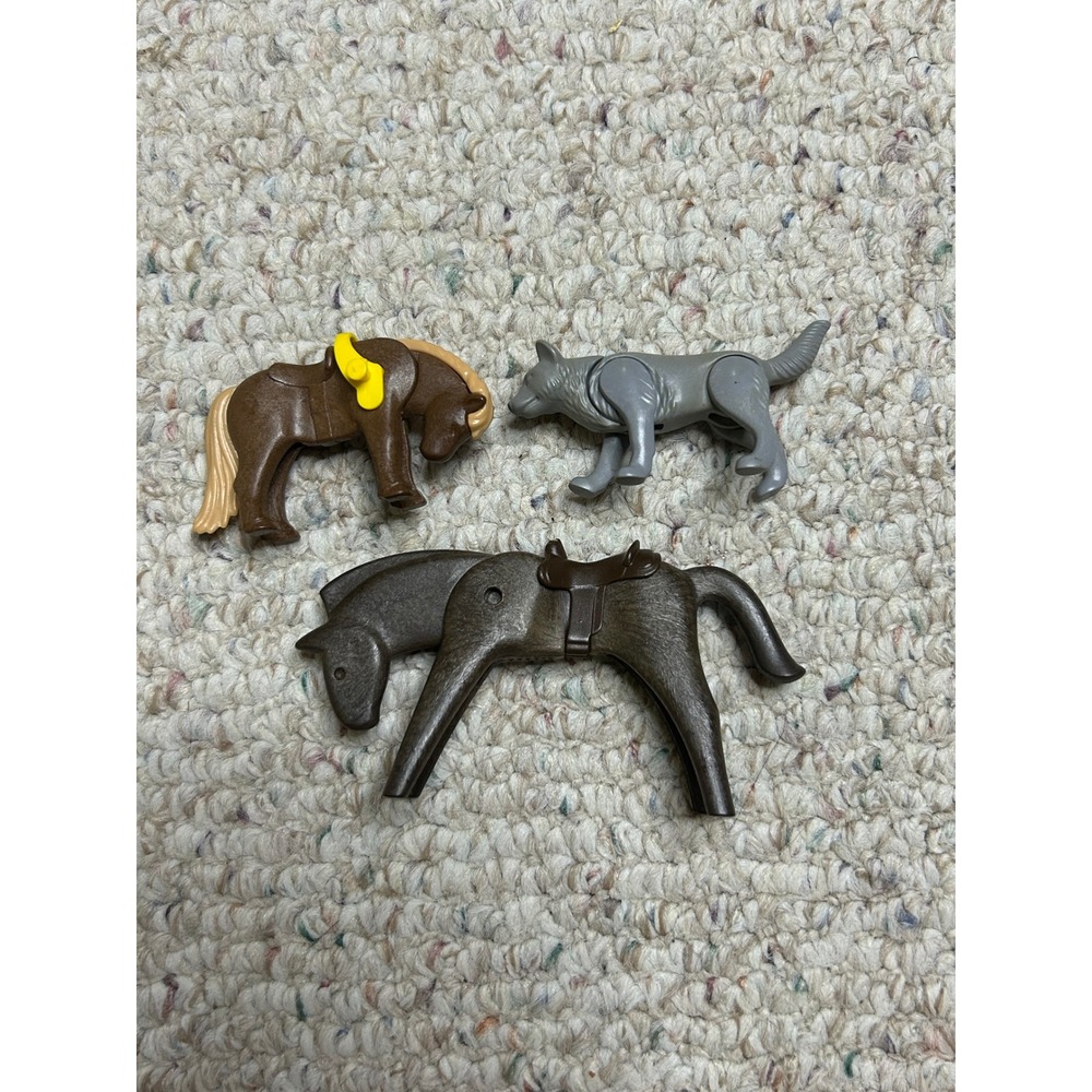 Vintage Playmobil Animal Lot 2 Horses and 1 Grey Wolf Figures Replacement Parts